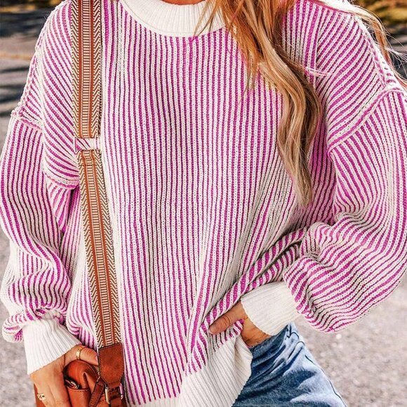 Hot Pink Casual Women's Striped Long Sleeved Round Neck Loose Pullover top - Picture 1 of 8